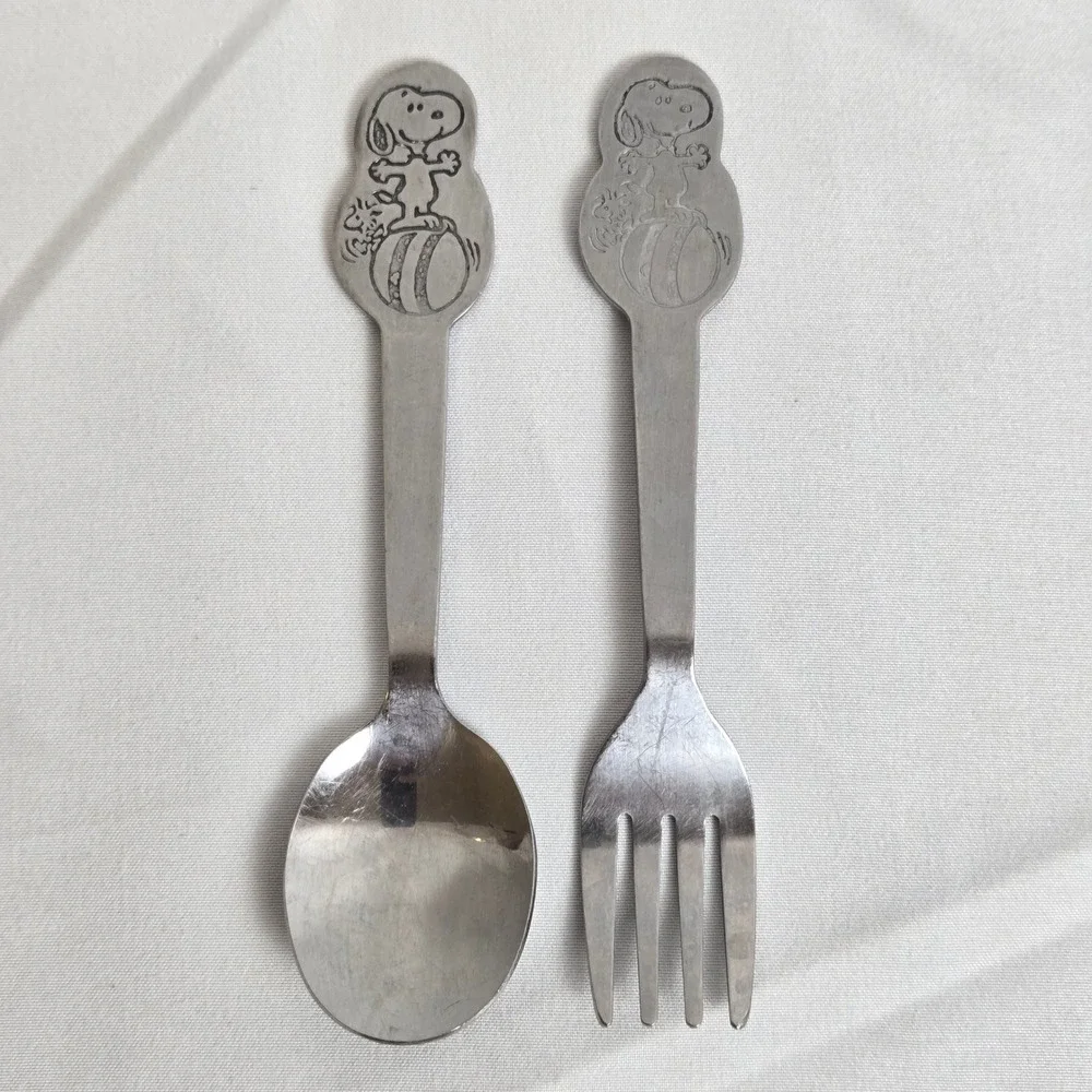 Danara‎ Peanuts Snoopy Child's Stainless Steel Utensil Set Spoon & Fork Vtg 60s